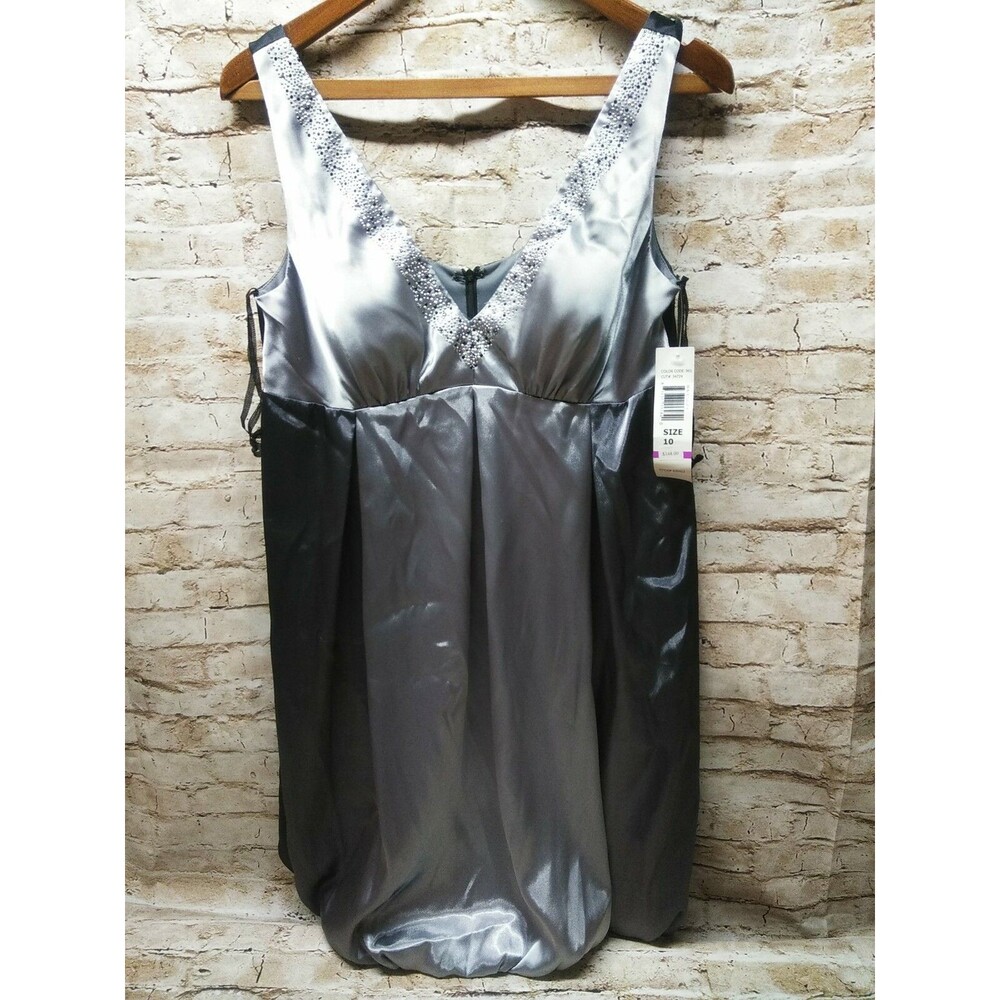 Onyx Nite Women Dress Size 10 Black Silver Sleeveless Satin Above Knee Babydoll